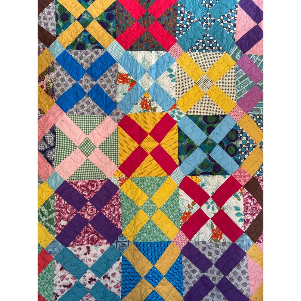 Handmade Patchwork X-Block Quilt Multicolor Heart Stitched
